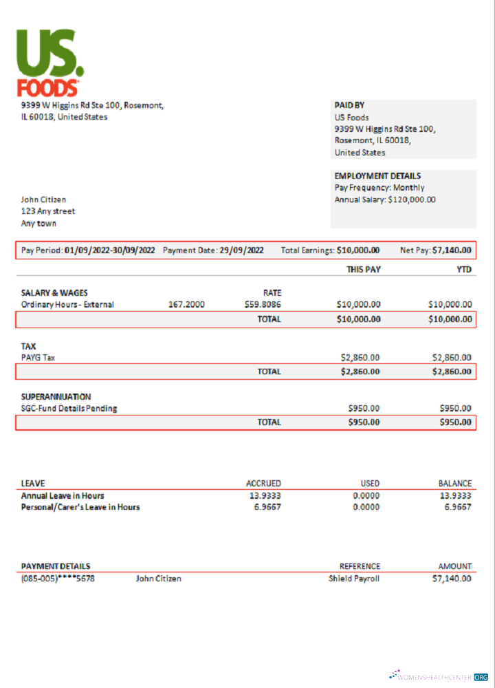 Download USA US Foods food distribution company pay stub Photoshop template